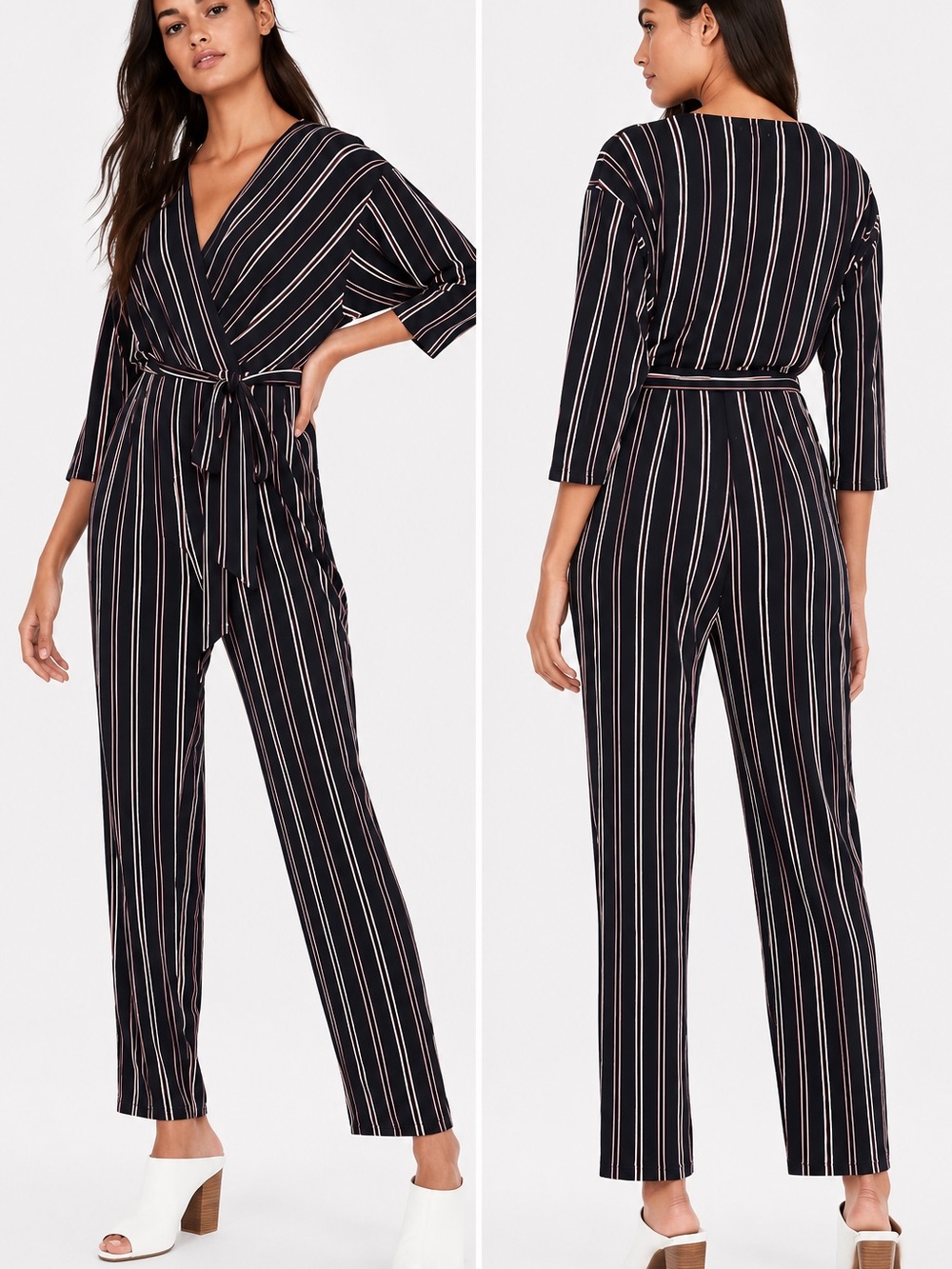 Express Navy Striped Wrap Jumpsuit with Tie Waist
